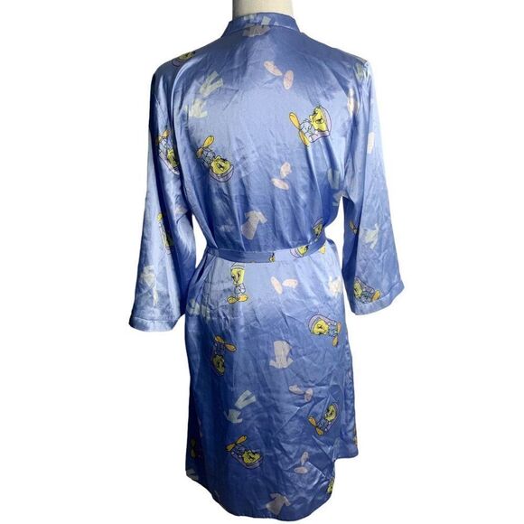 Vintage 90s Looney Tunes Tweet Bird Robe S Blue Silky Satin Tie Belt - Picture 5 of 7